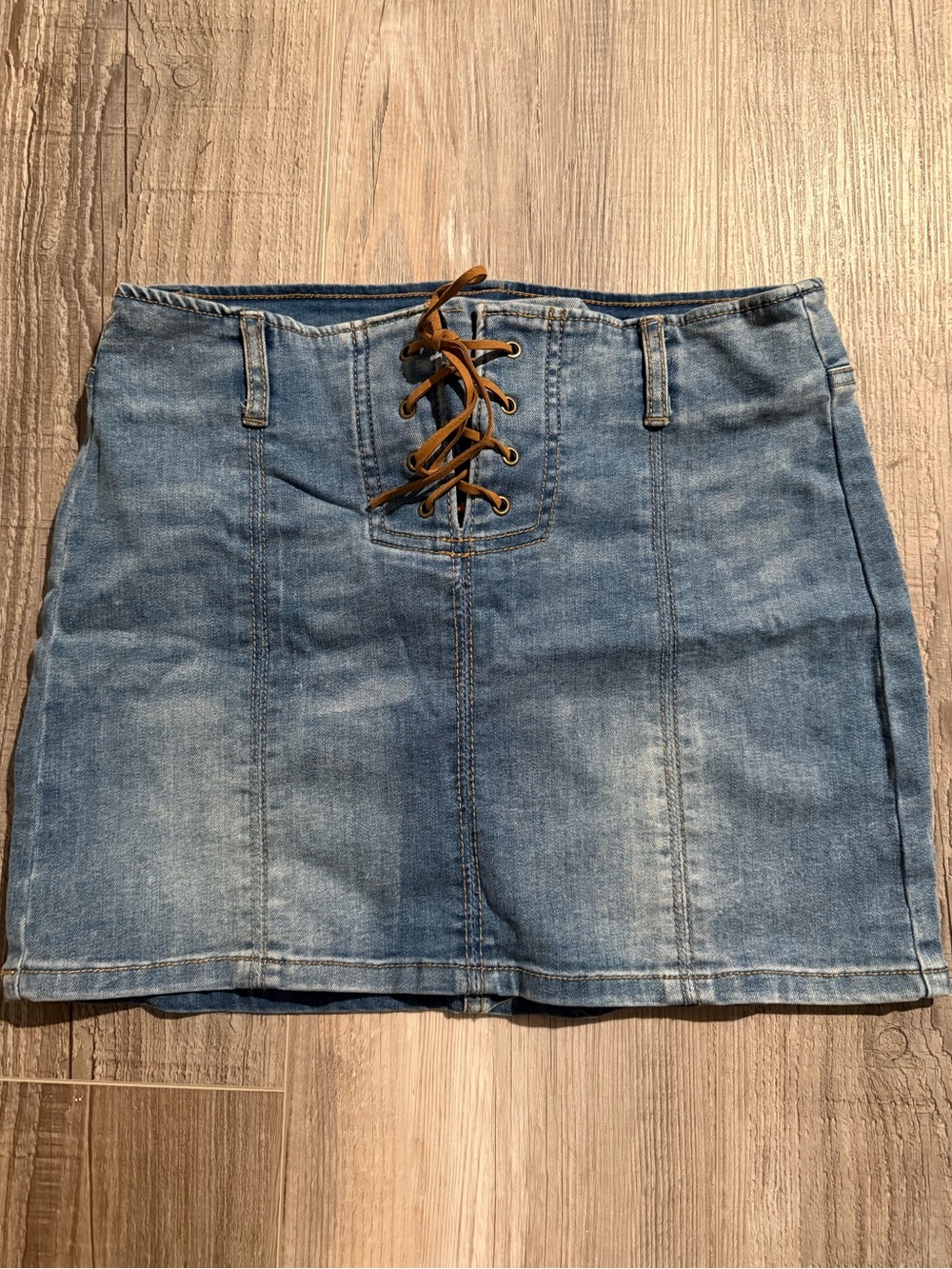 Garage Blue Denim Lace-Up Mini Skirt with Brown Cord